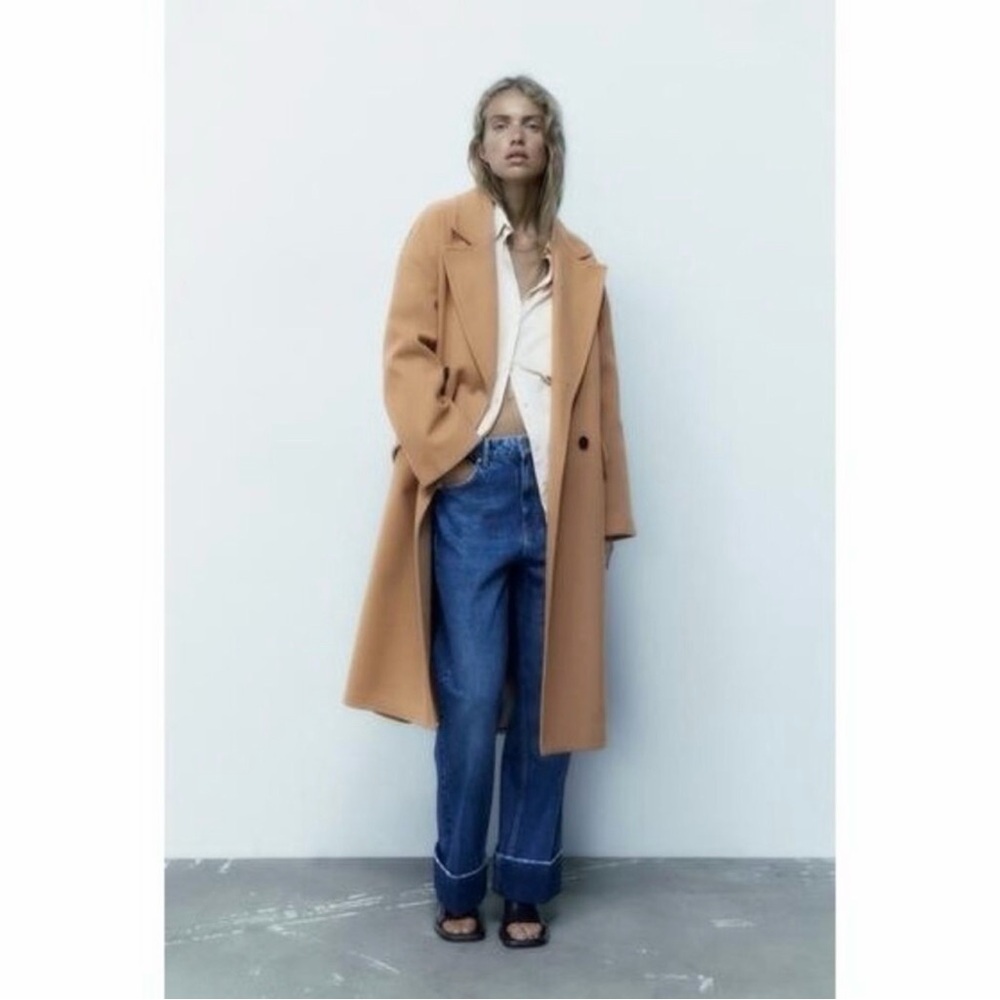 Zara Camel Brown Long Button Double Breasted Oversized Coat Size Small